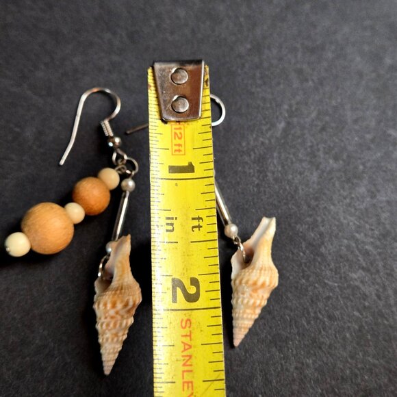 Bohemian Seashell & Wood Beaded Tassel Dangle Earrings Beachy Nautical - Picture 6 of 7